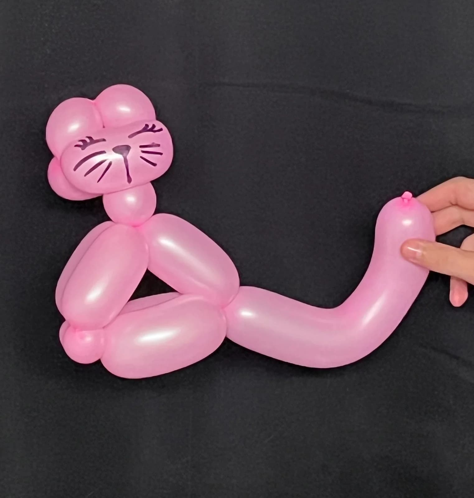 Pink balloon cat with a long curled tail